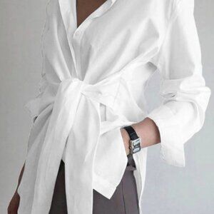 Commense White Semi-Sheer Button Down Tied Long Shirt
